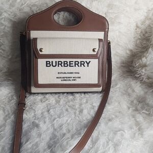 Auth Burberry Mini Two-tone Canvas Leather White Brown HandBag